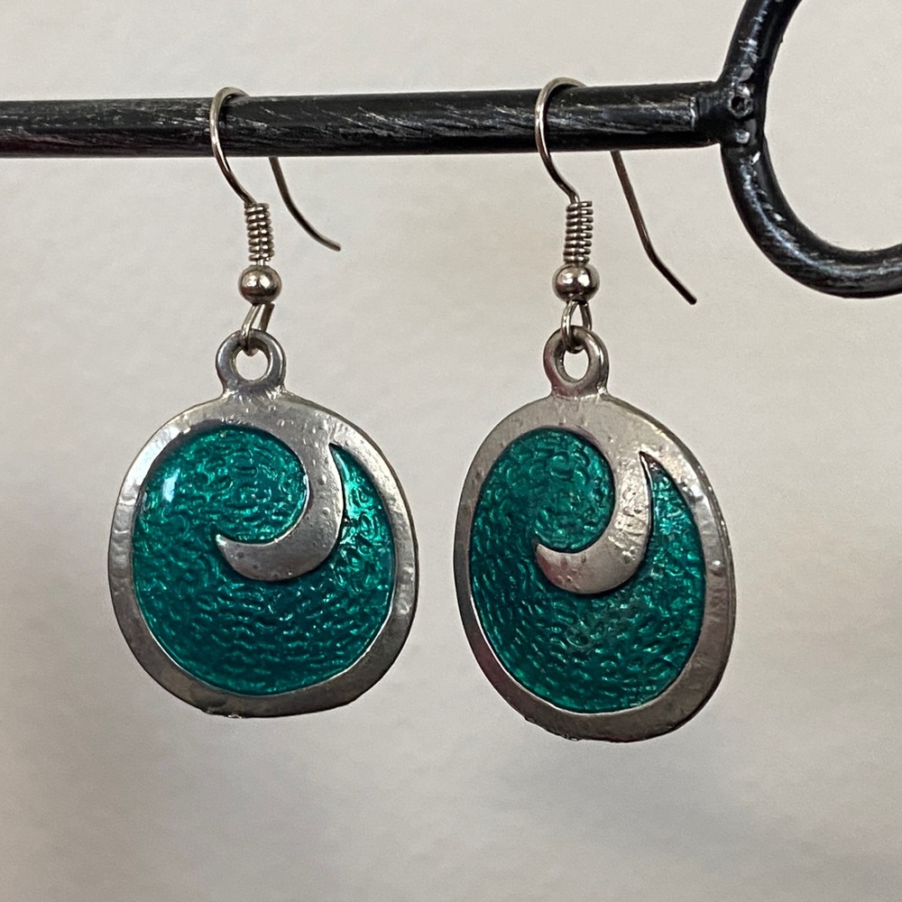 Teal Enamel Wave Swirl Dangle Earrings Silver Tone Boho Summer Beach Coastal - Picture 9 of 12
